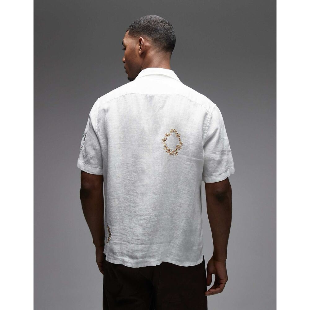 Men’s AllSaints Deck Embroidered White Linen Camp Shirt Relaxed Boxy Fit Sz S - Picture 2 of 11